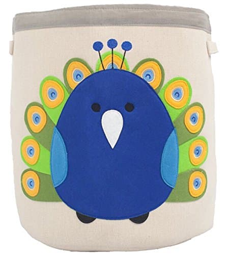 Grey Bee Animal Theme Large Collapsible Canvas Fabric Storage Bin | Play Room or Nursery Hamper, Toy Box | Blue Peacock