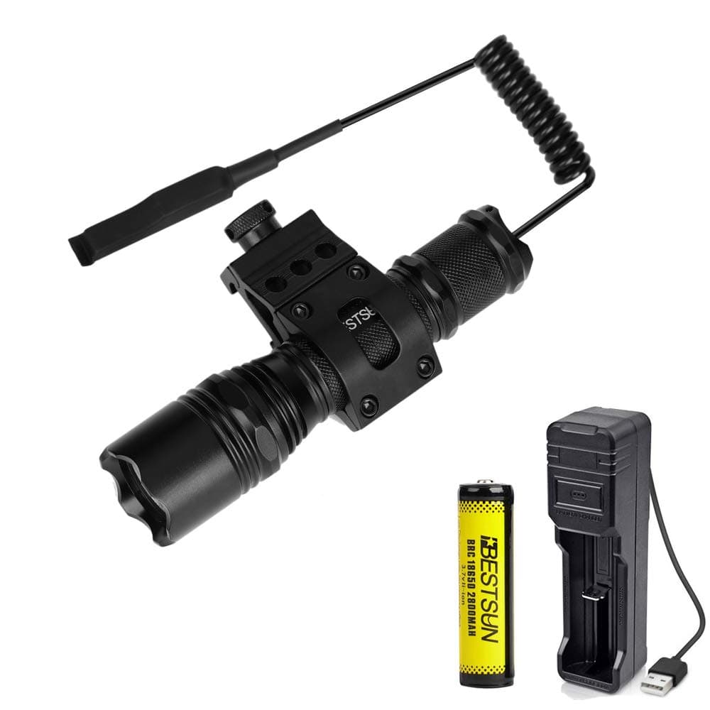 BESTSUN LED Torch Super Bright Tactical Torches Waterproof Powerful Flashlight Xm-L2 LED 1200 Lumen 1 Mode Rifle Hunting Light with Pressure Switch and Picatinny Rail Offset Mount (Battery Included)