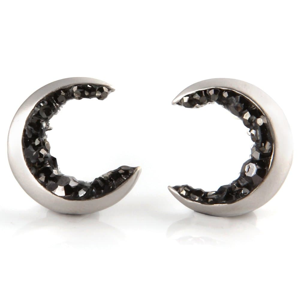 Crescent Moon and Black CZ Earrings