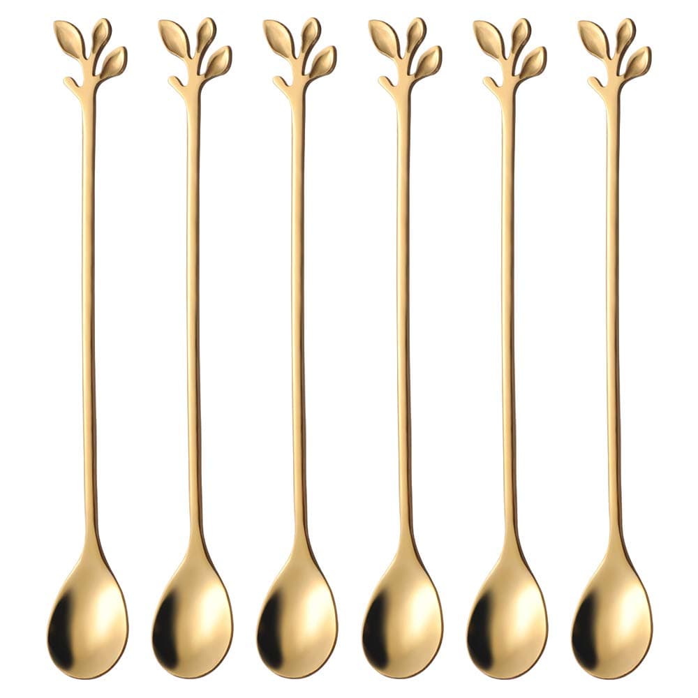AnSaw 6-Piece Elegant Gold Leaf Long Handle Teaspoons - 7.4" Stainless Steel Stir Spoons for Coffee & Tea, Perfect for Mixing & Stirring