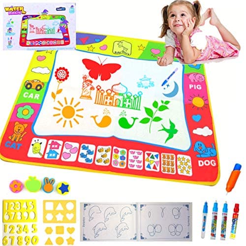 LearnFun Extra Large Aqua Magic Colorful Water Drawing Mat 39.4” X 31.5” with 4 Pens & 20 Templates- Best Educational Gift Toy for Kids, Girls, Boys & Toddlers Travel Doodle Learning & Activity Pad