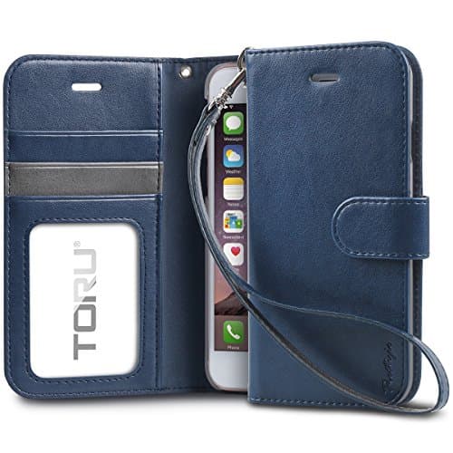 iPhone 8 Case / iPhone 7 Case, TORU Synthetic Leather Wristlet Flip Cover Folio Wallet Case with [Card Slot][ID Holder][Kickstand][Wrist Strap] for iPhone 8 / iPhone 7 - Navy Blue
