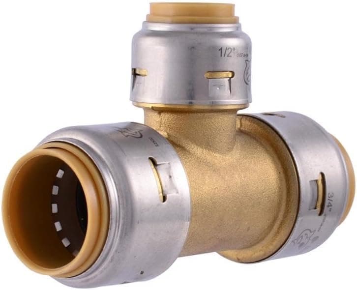 Max 3/4 Inch x 3/4 Inch x 1/2 Inch Reducing Tee, Push To Connect Brass Plumbing Fitting, PEX Pipe, Copper, CPVC, PE-RT, HDPE, UR412A
