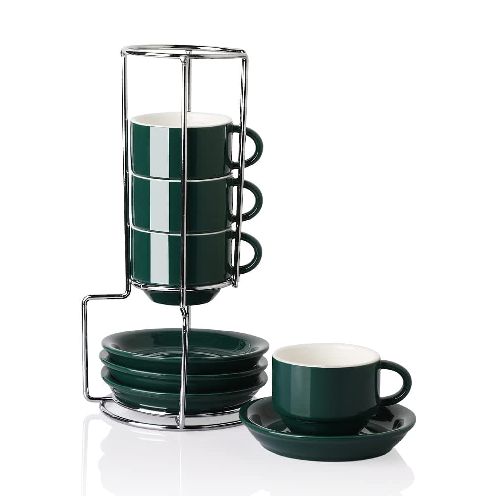 Sweejar Porcelain Espresso Cups with Saucers, 2.5 Ounce Stackable Cappuccino Cups with Metal Stand for Coffee Drinks, Latte, Tea - Set of 4 (Jade)