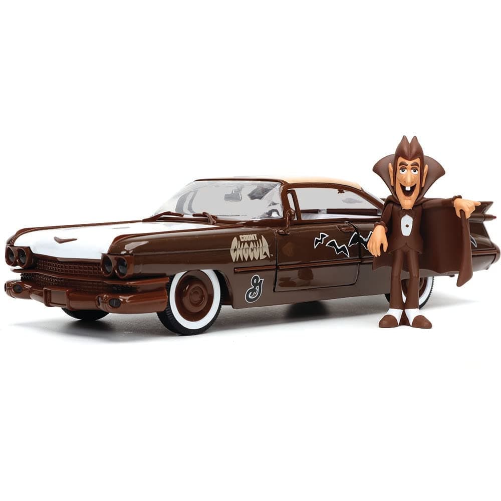 1959 Cadilla-c Coupe DeVille Brown & White w/ Graphics & Count Chocula Diecast Figurine Hollywood Rides Series 1/24 Diecast Model Car by Jada 32204