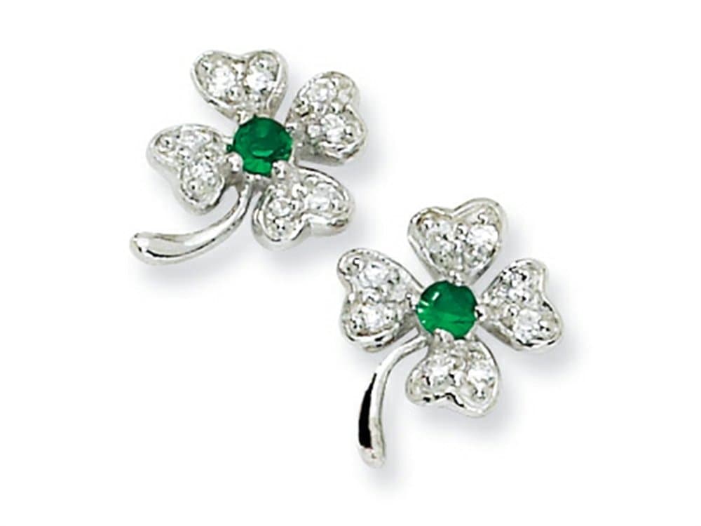 Cheryl M Sterling Silver Simulated Emerald/CZ 4-leaf Clover Post Earrings