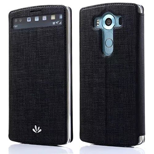 LG V10 case,Premium Leather PU Flip Wallet Case with[ View Window ][Stand Kicstand] [Card Holder] full body slim Case and [tempered glass screen protector] for LG V10 (BLACK)