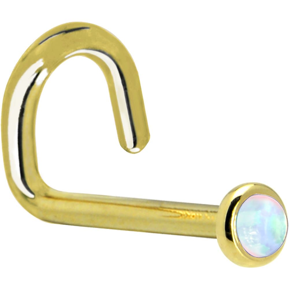 Body Candy Solid 14k Yellow Gold 2mm White Synthetic Opal Left Nose Stud Screw 18 Gauge 1/4"