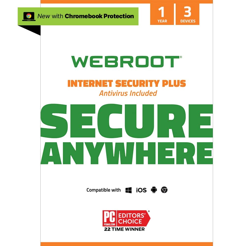 Webroot Internet Security Plus with Antivirus Protection | 3 Device | 1 Year Subscription | PC/Mac Disc