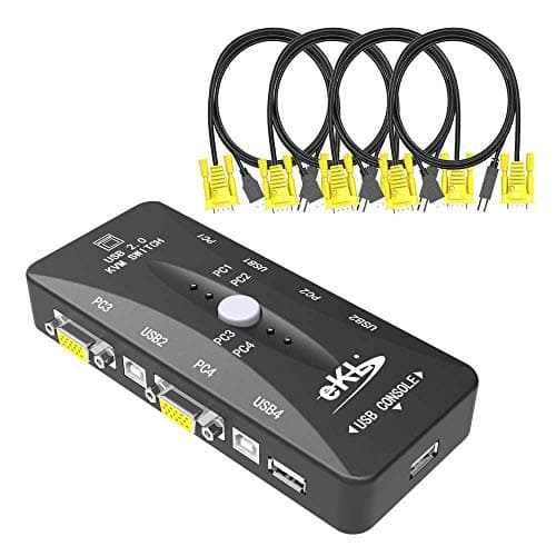 eKL VGA KVM Switch Box 4 in 1 Out USB 2.0 Hub Switcher Adapter Controller for Computer PC Laptop Desktop Monitor Printer Keyboard Mouse Plug and Play with 4 Pack KVM Cable
