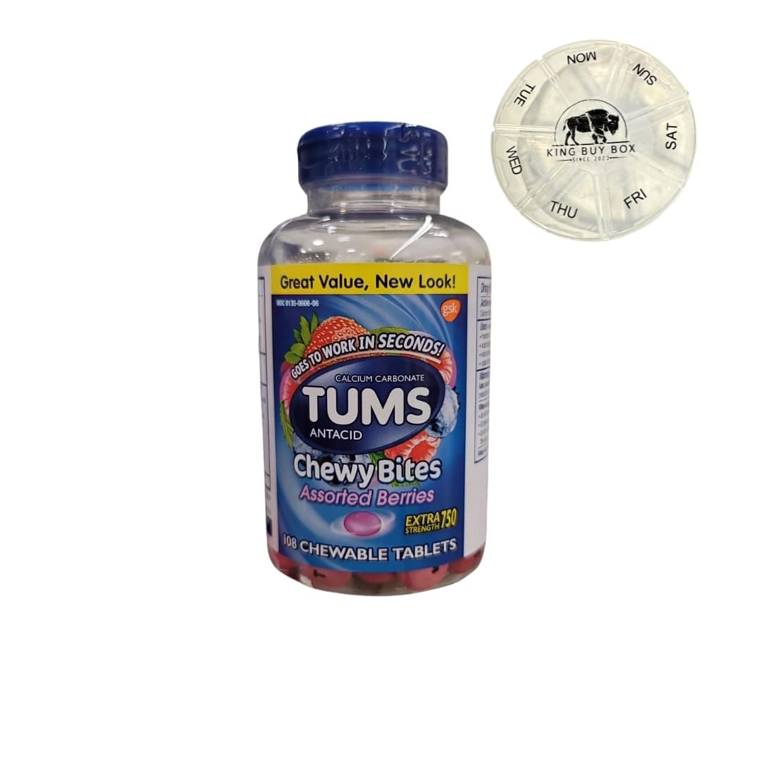 Pill Box (Color May Vary) Bundle with Chewy Bites Chewable Antacid Tablets for Heartburn Relief, Assorted Berries 108 ct. Compatible with TUMS