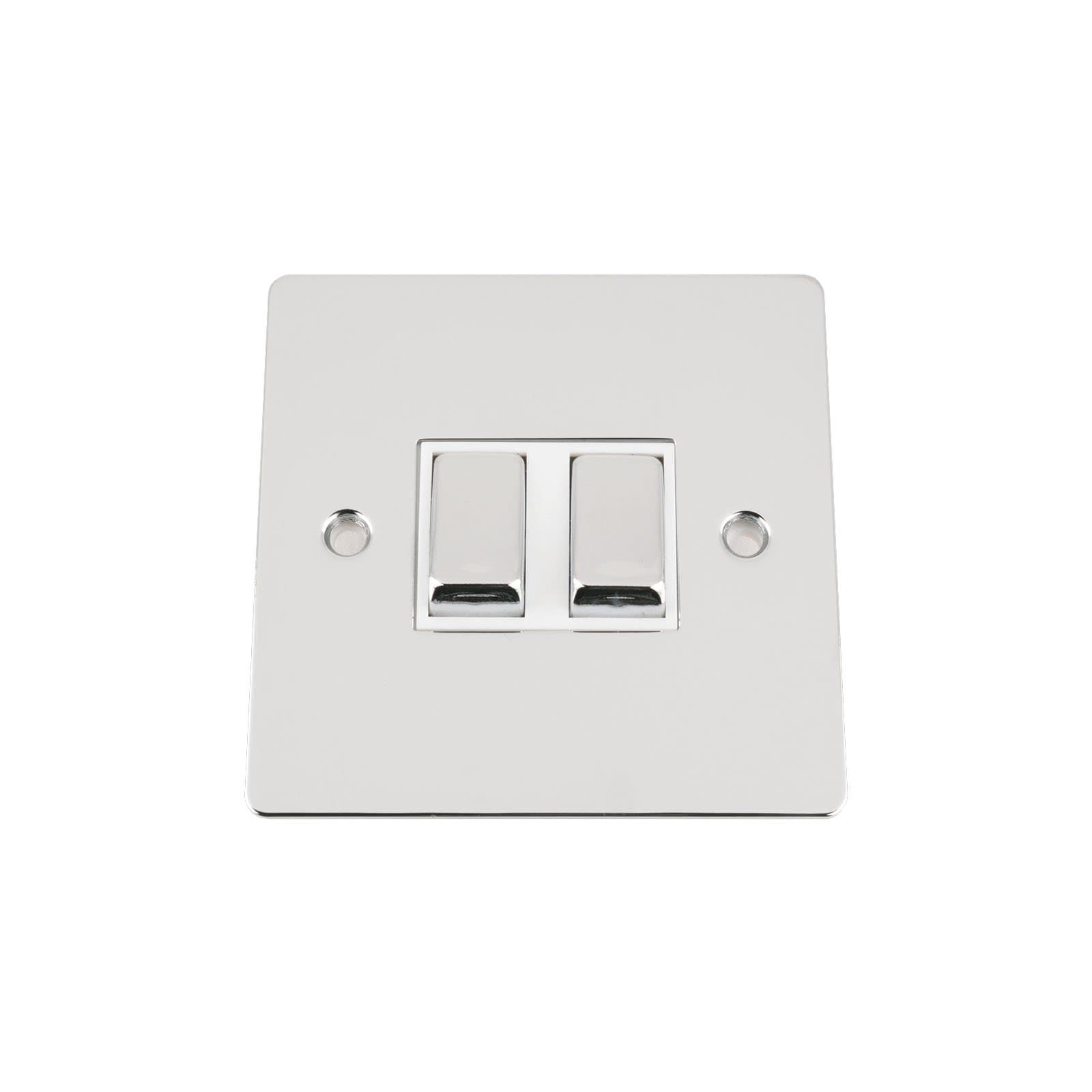 Light Switch Double 2 Gang - Polished Chrome Flat - White Insert - Metal Rocker Switch - 10 Amp 2 Gang 2 Way