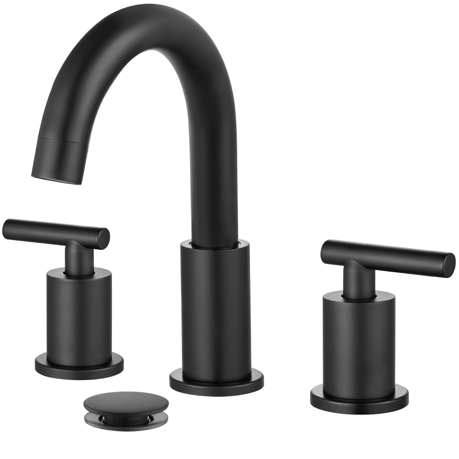 Matte Black 3 Hole 2 Handles Deck Mount Lavatory Basin Bathroom Sink Faucet with Pop Up Drain with Hot and Cold Mixer Valves 8 Inch Widespread Bathroom Faucet