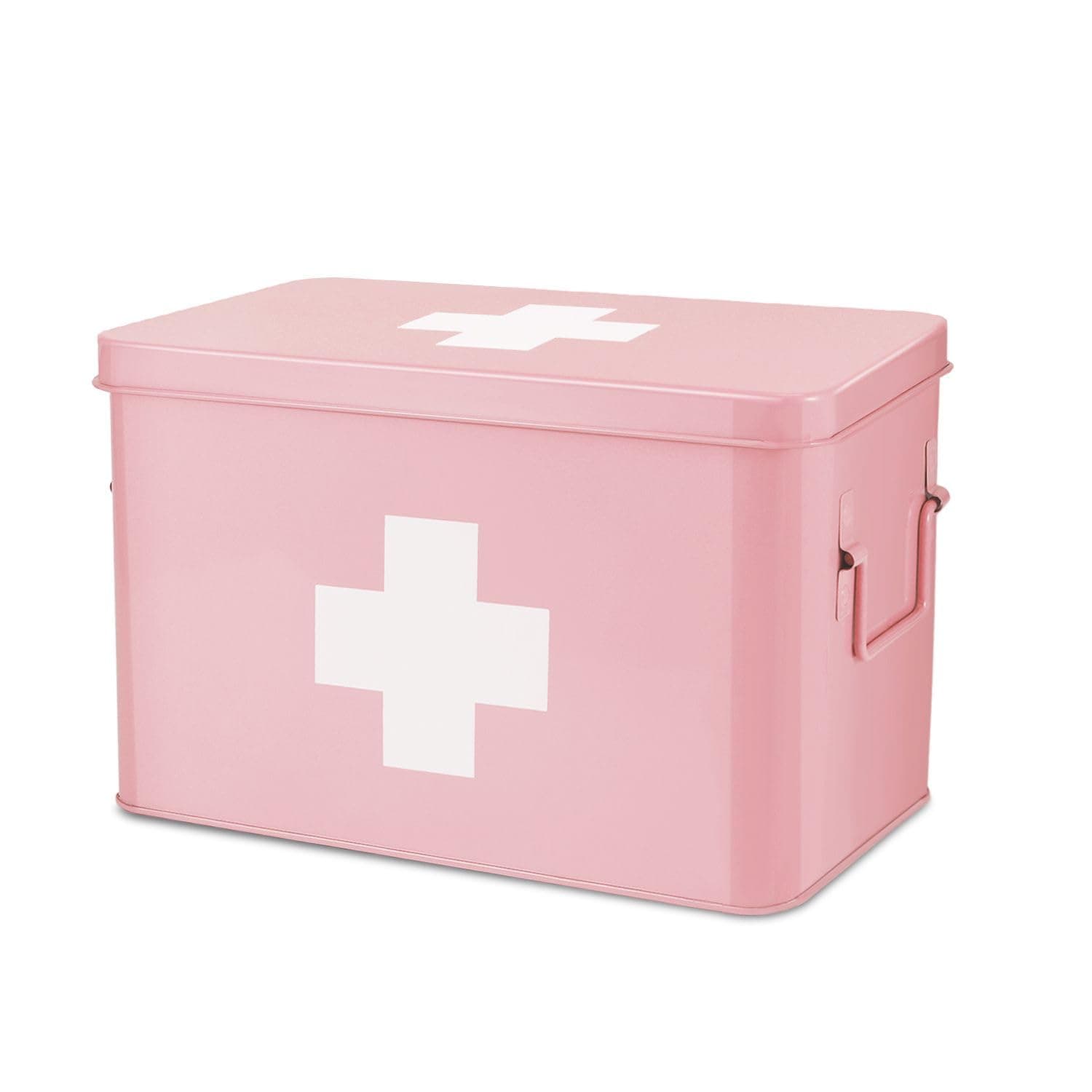 Flexzion First Aid Box Organizer Empty 13" Pink Vintage First Aid Kit Tin Metal Medical Box - First Aid Storage Box Container Bins with Dividers, Removable Tray and White Cross Logo