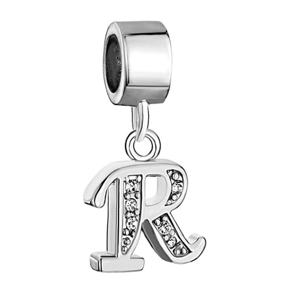 Pugster Silver Plated Letter Initial A-Z Dangle Alphabet Crystal Bead Fits Charms Bracelet (Letter R)