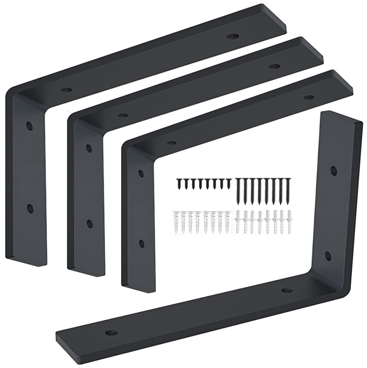12 Inch Shelf Bracket Heavy Duty L Shelf Bracket 12 x 8 Inch Metal Shelf Bracket with Hardware, Black, 4 Pack