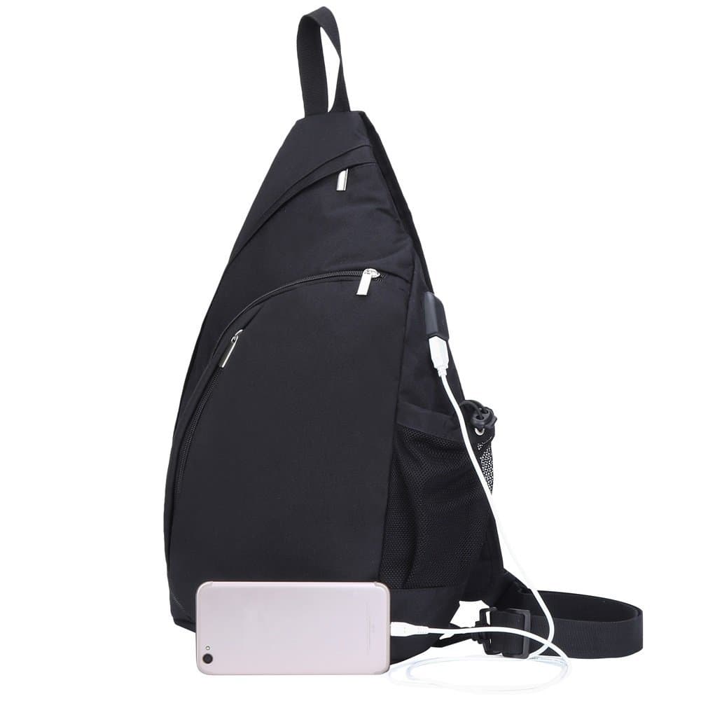 TECHQ Sling Bag - Small Laptop Travel Backpack External USB Charging Port (Black)