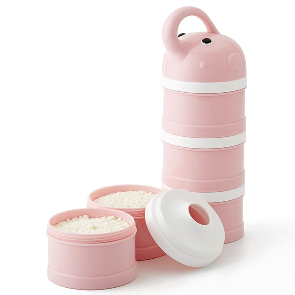 Formula Dispenser, Stackable Portable 3 Compartments Milk Powder Dispenser & Snack Container by Udaone-with Handle & 3 Funnel Lids/ 360ML 0M+ (Pink Elephant)