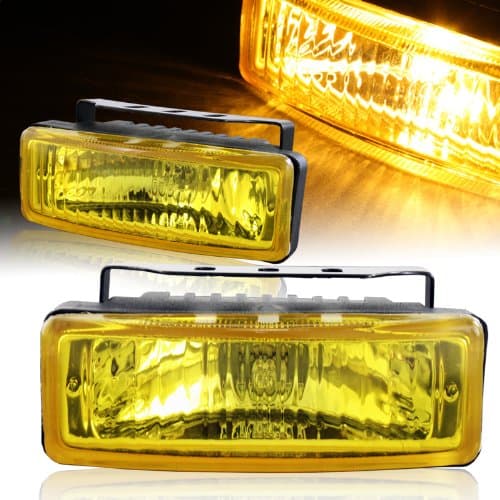 Pair Universal 5" x 1.75" Rectangle Chrome Housing Fog Lights Driving Lamps Assembly Kit with Bulb, Switch and Relay (Yellow Lens)