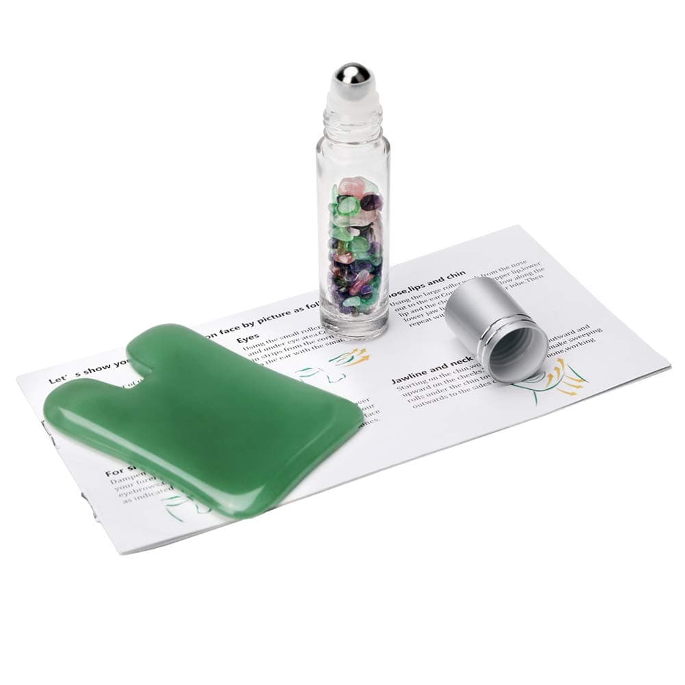 2 in 1 - Real Jade Gua Sha Scraping Massage Tool + 100% Natural Gemstone Essential Oil Roller Bottle,Premium Hand Made Jade GuaSha Board, Anti-Aging,SPA Beauty Trigger Point Therapy on Face (Rabbit)