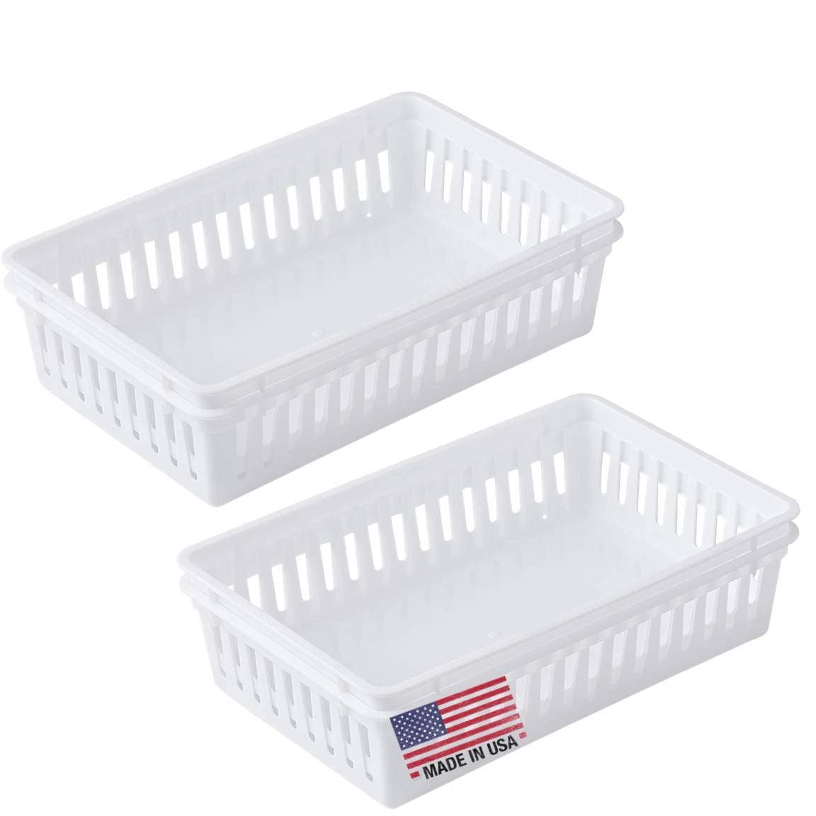 TribelloPlastic Bin Baskets for Organizing, White Storage Tray, Rectangle 9 x 6 x 2 - Pack of 4 - Made in USA