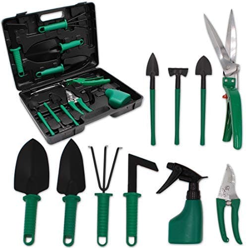 GIOVARA Garden Tool 10 Piece Set with Carry Case includes Trowel, Transplanter, Rake, Secateurs, Grass Shears, Shovels And Water Spray Bottle