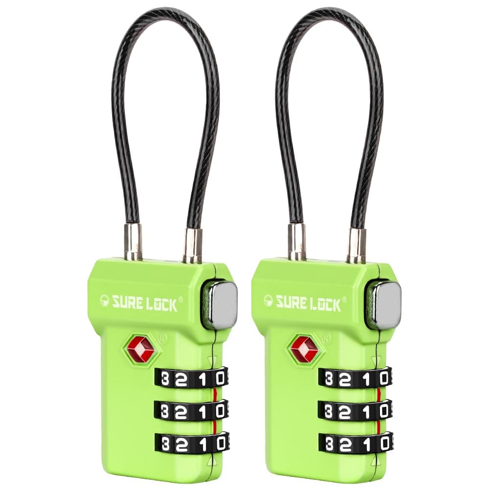 TSA Approved Luggage Locks – 3-Digit Combination Cable Lock with Red Indicator, Large Dial & Easy-Press Button for Suitcases and Backpacks – Multi-Pack & Color Options