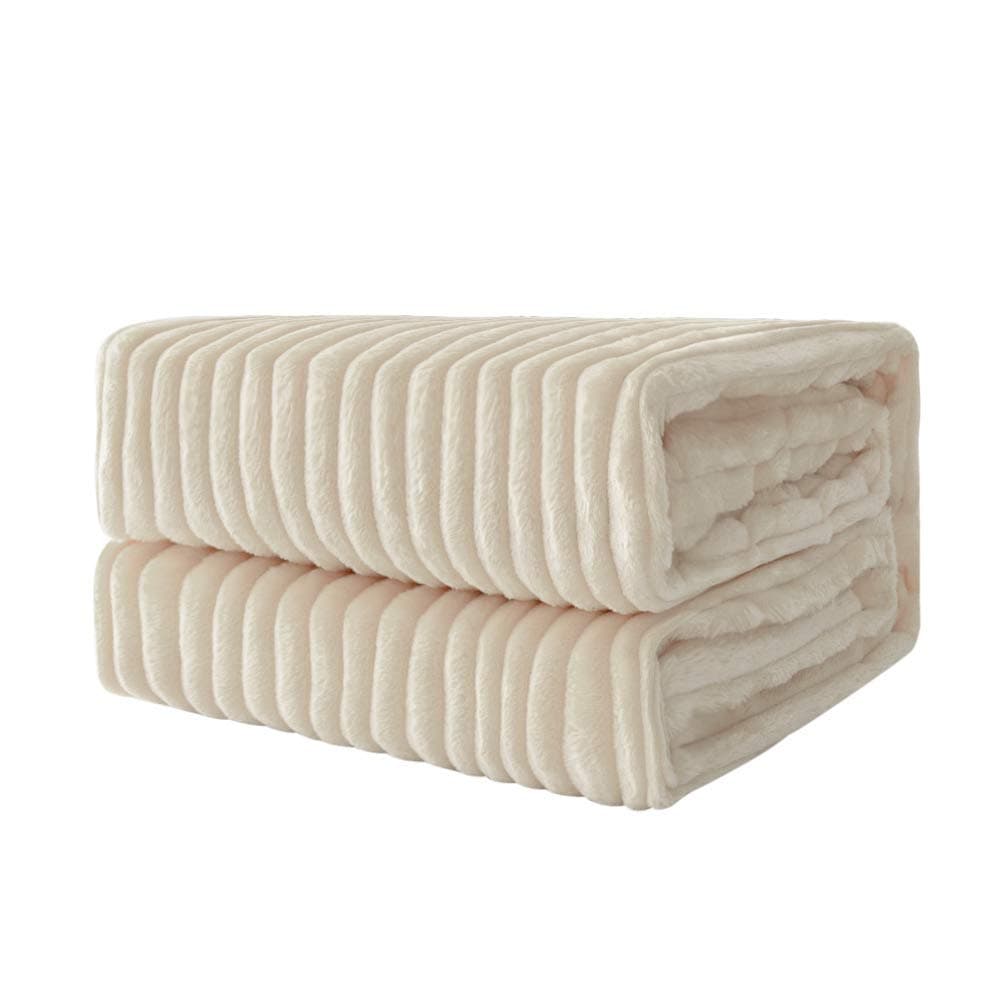 Flannel Fleece Throw Blankets Soft Warm Comfortable Throws for Sofa Corduroy Fluffy Blanket Bed Throw for Bedroom Couch Travel Kids Bedroom Accessories 50x60Inch Cream