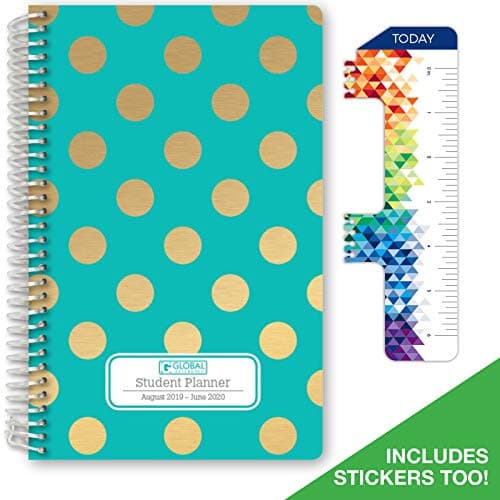 HARDCOVER Dated Middle School or High School Student Planner for Academic Year 2019-2020 (Matrix Style - 5.5"x8.5" - Turquoise Dots Cover) - Bonus Ruler/Bookmark and Planning Stickers