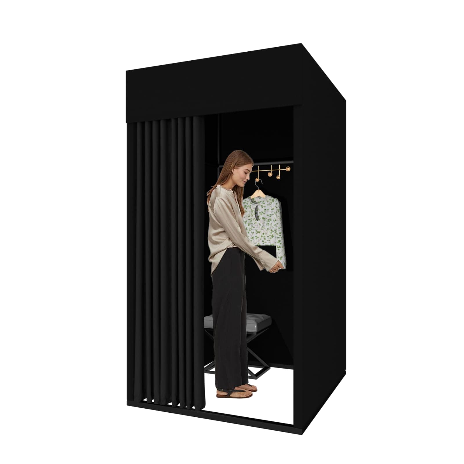 Clothing Store Fitting Room, Movable Square Changing Room, DIY Temporary Locker Room with Shading Curtain and Hook Up, Privacy Screen Partition for Office Outdoor Activity and The Mall (Black)