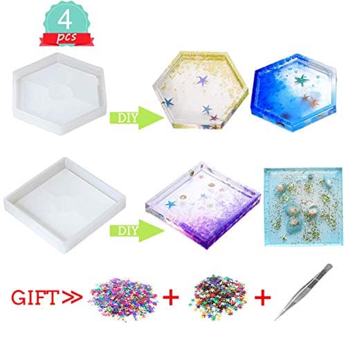 YLIANG Silicone Coaster Resin Molds 4 Pack, Epoxy Casting Molds DIY Including Hexagon and Square Mold for Resin, Concrete, Home Decoration, with Sequins and Tweezers