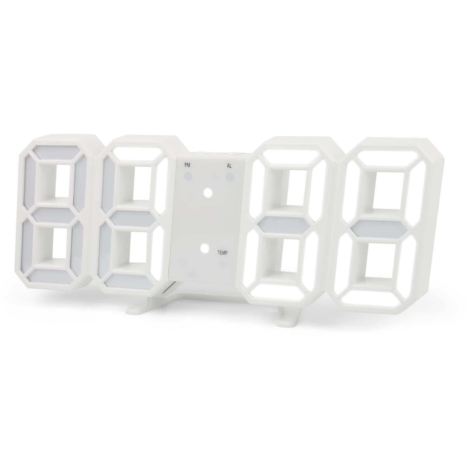 3D LED Digital Alarm Clock Easy Read, 9.1" Modern Design LED Wall/Desk Clocks with Alarm, Multi-Levels Brightness, Time, Date, Thermometer, Nightlight for Kitchen Bedroom Office (White)