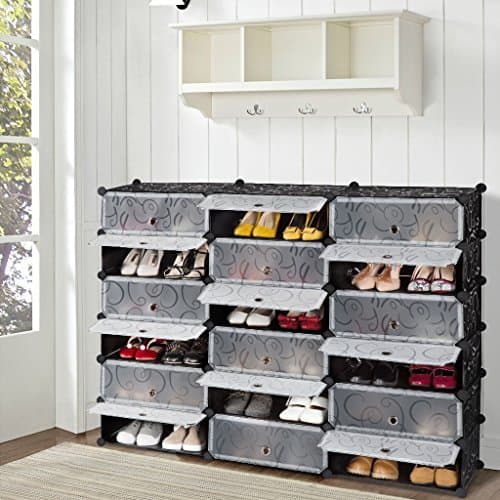 LANGRIA 18-Cube DIY Shoe Rack, Storage Drawer Unit Multi Use Modular Organizer Plastic Cabinet with Doors, Black and White Curly Pattern
