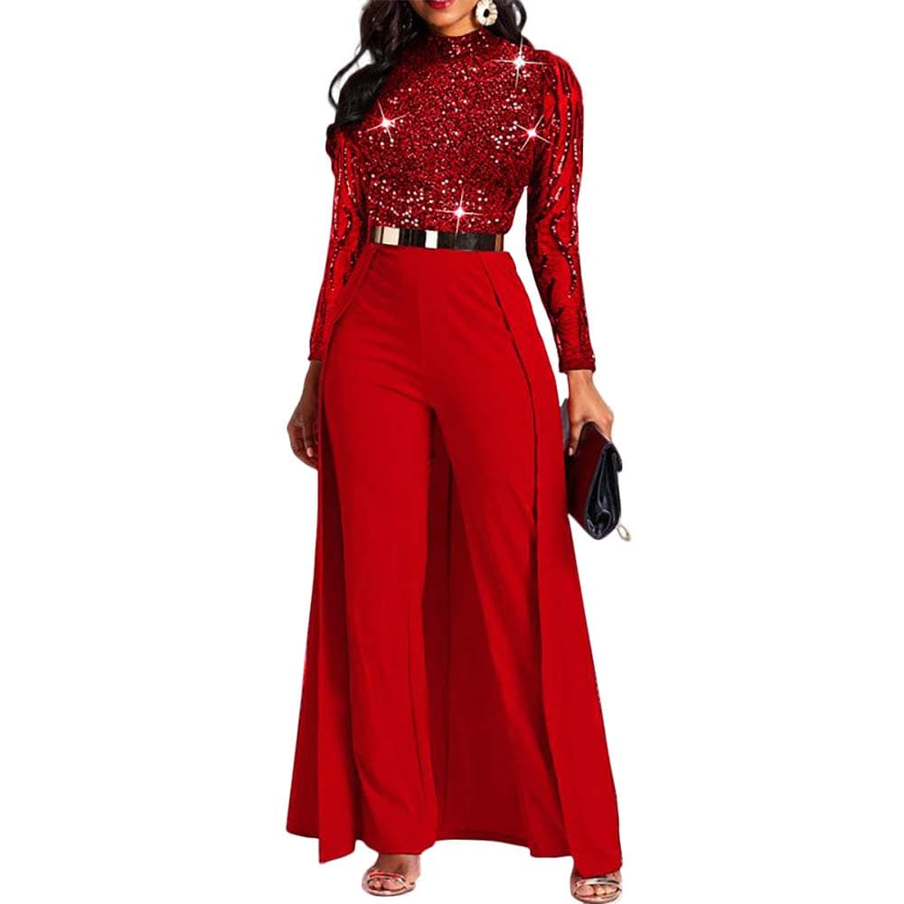 VERWIN Women Patchwork Overlay Embellished Solid Color High Waist Long Sleeve Jumpsuit