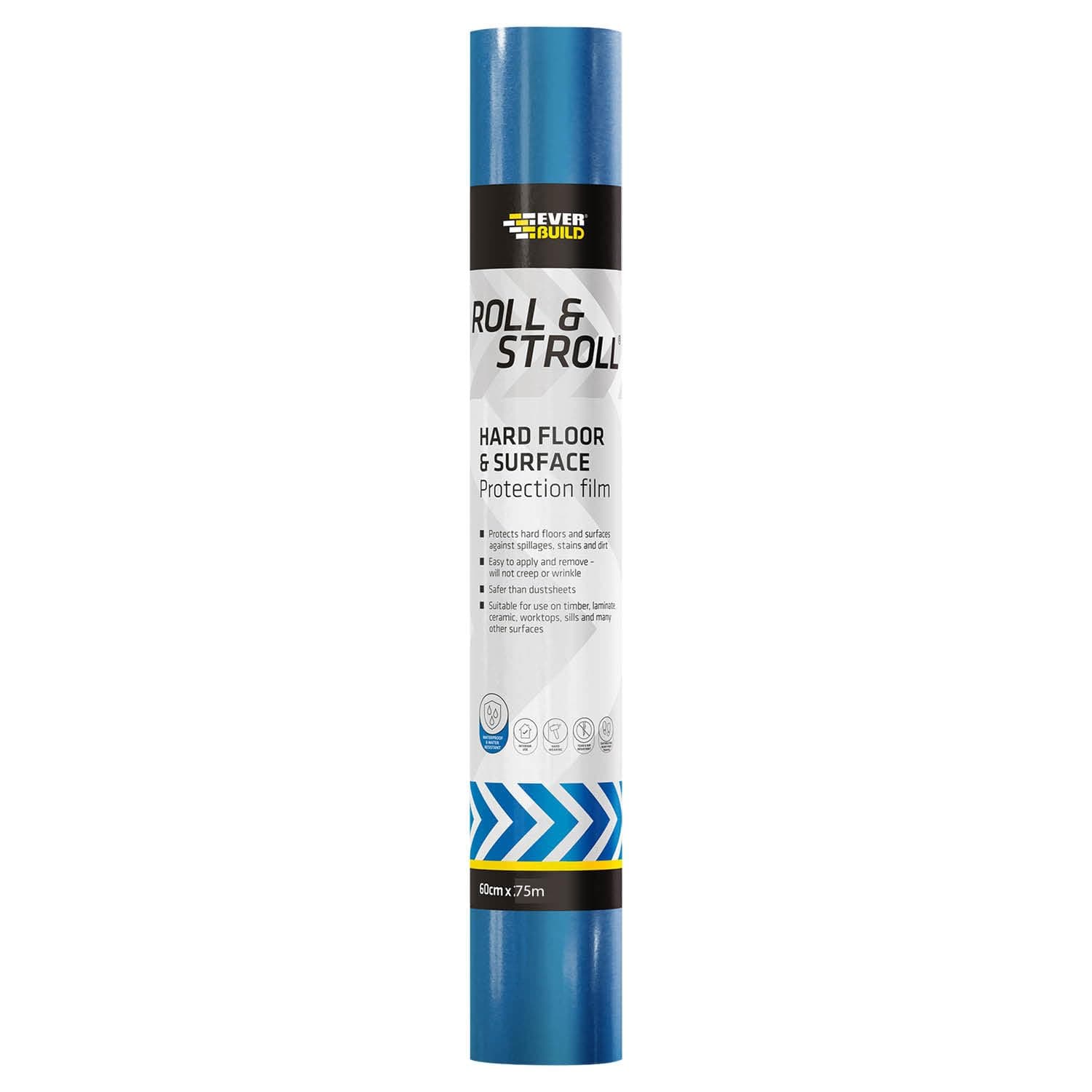Everbuild Roll & Stroll Hard Surface Protector – Self-Adhesive – Totally Waterproof – Transparent Blue – 600mm x 75m Roll