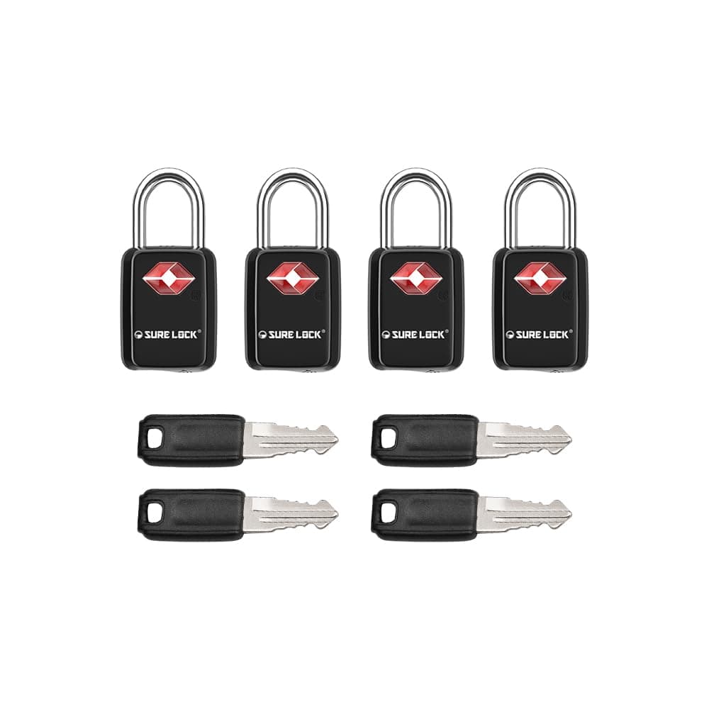 SURE LOCK TSA Approved Luggage Locks - One Key Opens All, Compact & Durable Zinc Alloy Travel Lock with Steel Shackle, Keyed Alike (Black 4 Locks, Mini Size for Suitcase/Backpack/Gym Locker)
