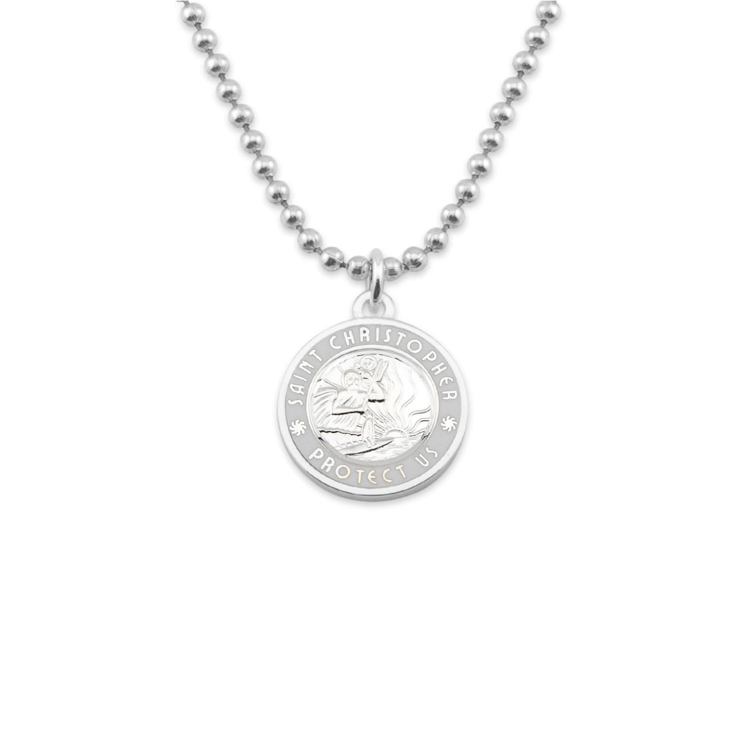 St. Christopher Surf Necklace – Medium Silver Medallion, 24" Ball Chain, Water-Resistant Beach Jewelry, Travel Protection Necklace for Men & Women