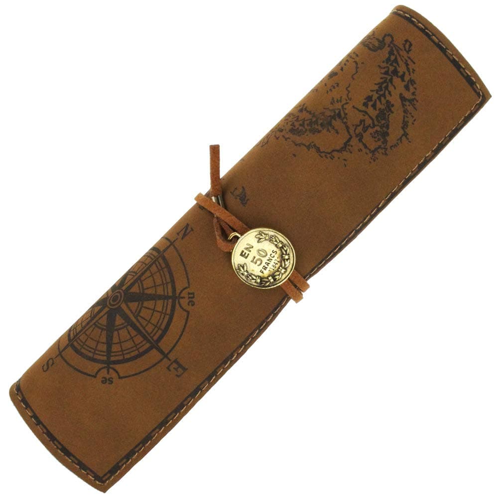 Pen Case Pencil Holder Pencil Roll Pouch Soft Roll Wrap Bag Pouch Stationery Retro Vintage Pirate Treasure Map Pattern Pen Roll Organizer with Pendant,Dark Coffee