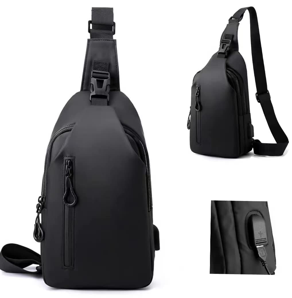 Sling Crossbody Bag Small Shoulder Backpack for Men，External USB hole design，Waterproof Slim Chest Bags Casual Daypack for Travel Cycling