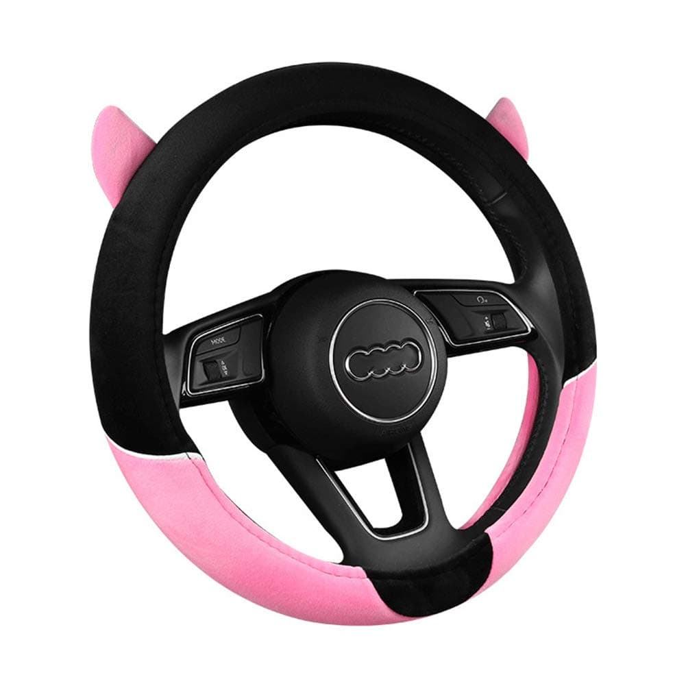 Cute Devil Horns Car Steering Wheel Covers Plush Steering Covers for Women, Universal Fit 15 Inch,Anti-Slip & Odor-Free (Pink)