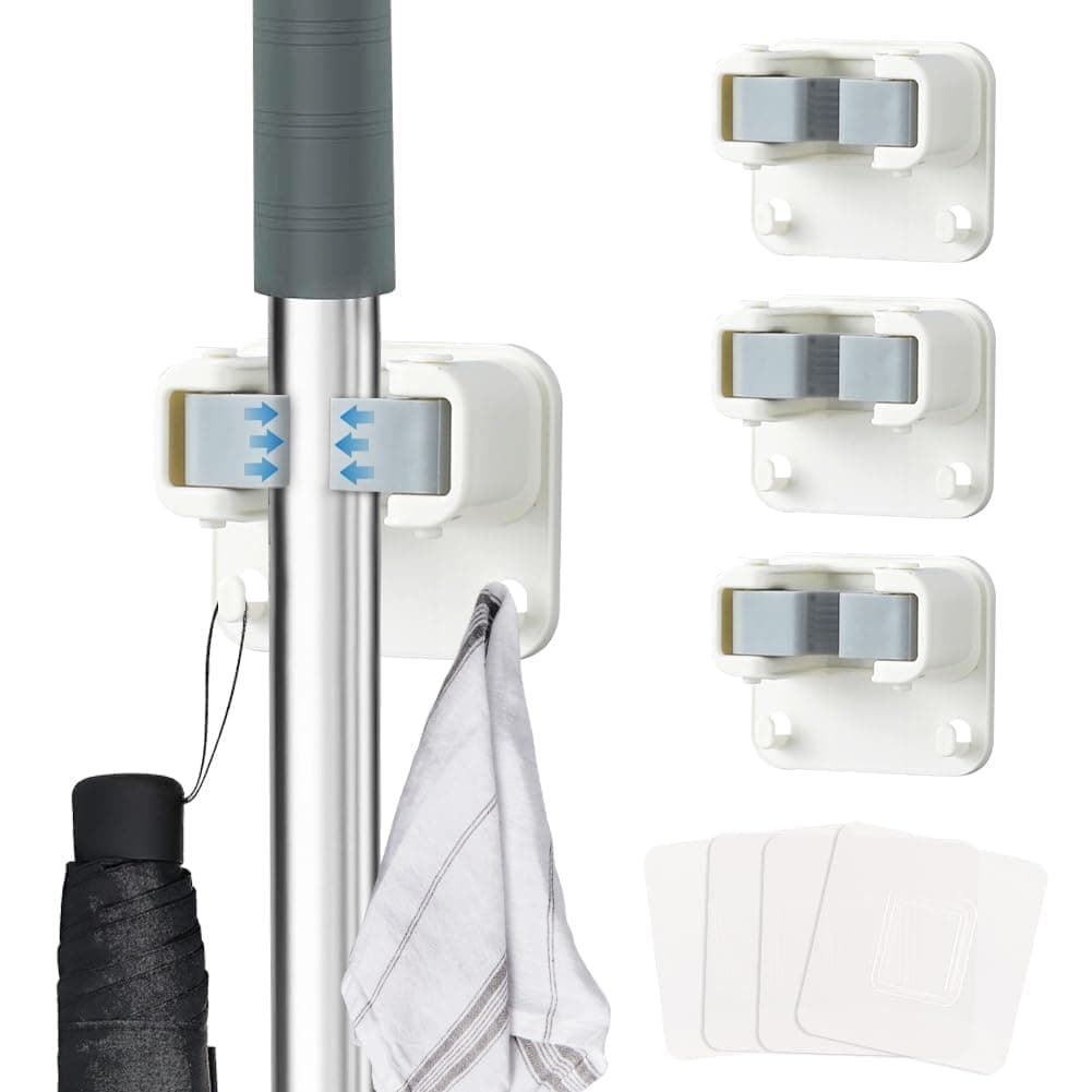 New Version 4pcs Self Adhesive Broom Holder with Gripper and 2 Hooks, Damage Free Broom Mop Holder, No Drill Anti-Slip Wall Mount Broom Gripper Organizer for Bathroom Kitchen Garden Garage