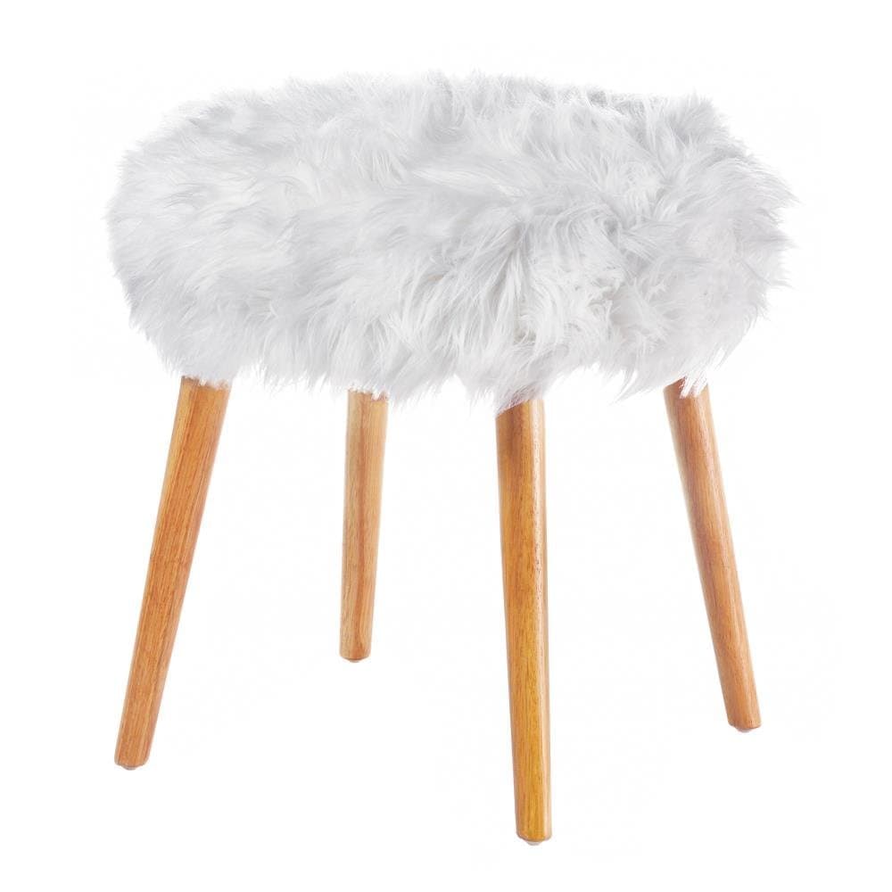 Accent Plus Fluffy Stool, 4-legged Contemporary Decorative Round Fluffy White Faux Fur Stool