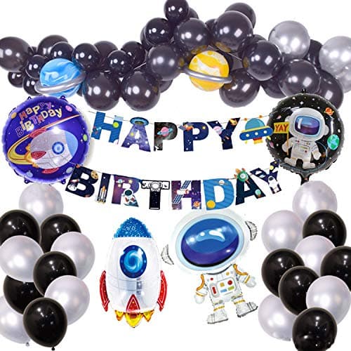 76 Pack Outer Space Birthday Party Decorations Rocket Balloons Solar System Happy Birthday Banner Metallic Silver Black Latex Balloons Party Supplies Set