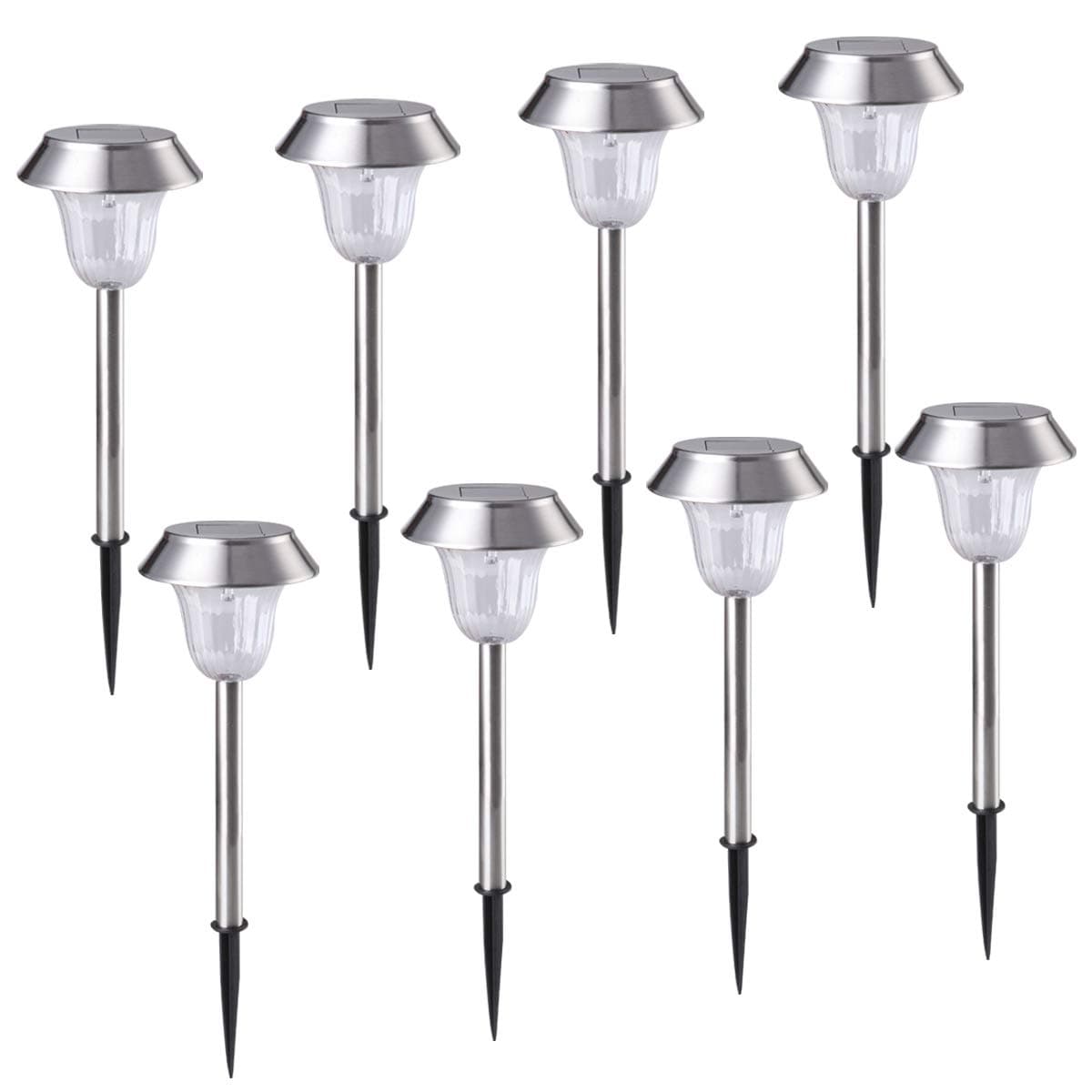 WOHOME 8-Pack Solar Path Lights Outdoor, High Lumen Automatic Led for Yard Patio Walkway Landscape In-Ground Spike Pathway ;All-Weather/Water-Resistant(Stainless Steel, White)