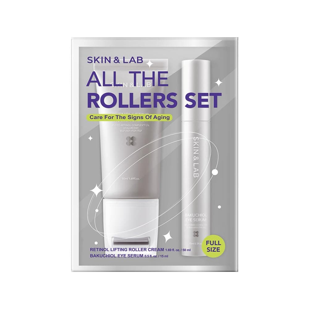 [SKIN&LAB] Anti-aging Rollers Duo Set, includes Bakuchiol Eye and Retinol Lifting Roller, Korean Vegan Skincare Gift Set (Gift Set (Comes with Retinol Roller Cream))