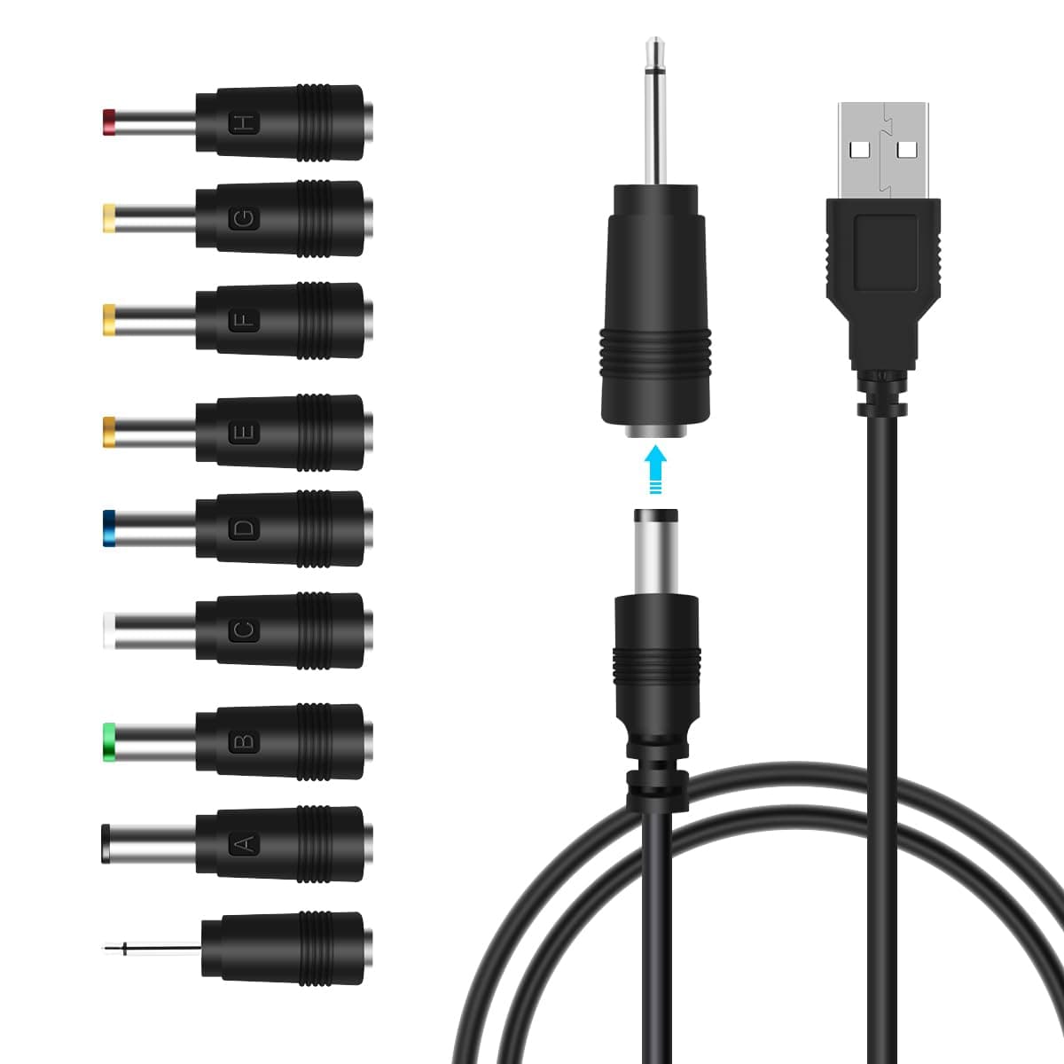 LANMU USB to DC Power Cable,8 in 1 Universal USB to DC Jack Charging Cable Power Cord with 8 Interchangeable Plugs Connectors Adapter for Router,Mini Fan,Speaker and More Electronics Devices