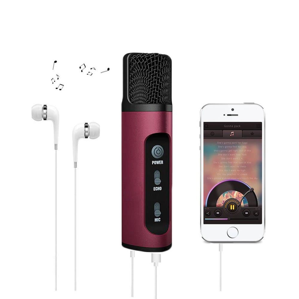 Karaoke Microphone for Mobile Phone, ROOP Voice Changer Function Condenser Microphone for Singing and Recording, Compatible with Android/iOS/Tablet (Red)