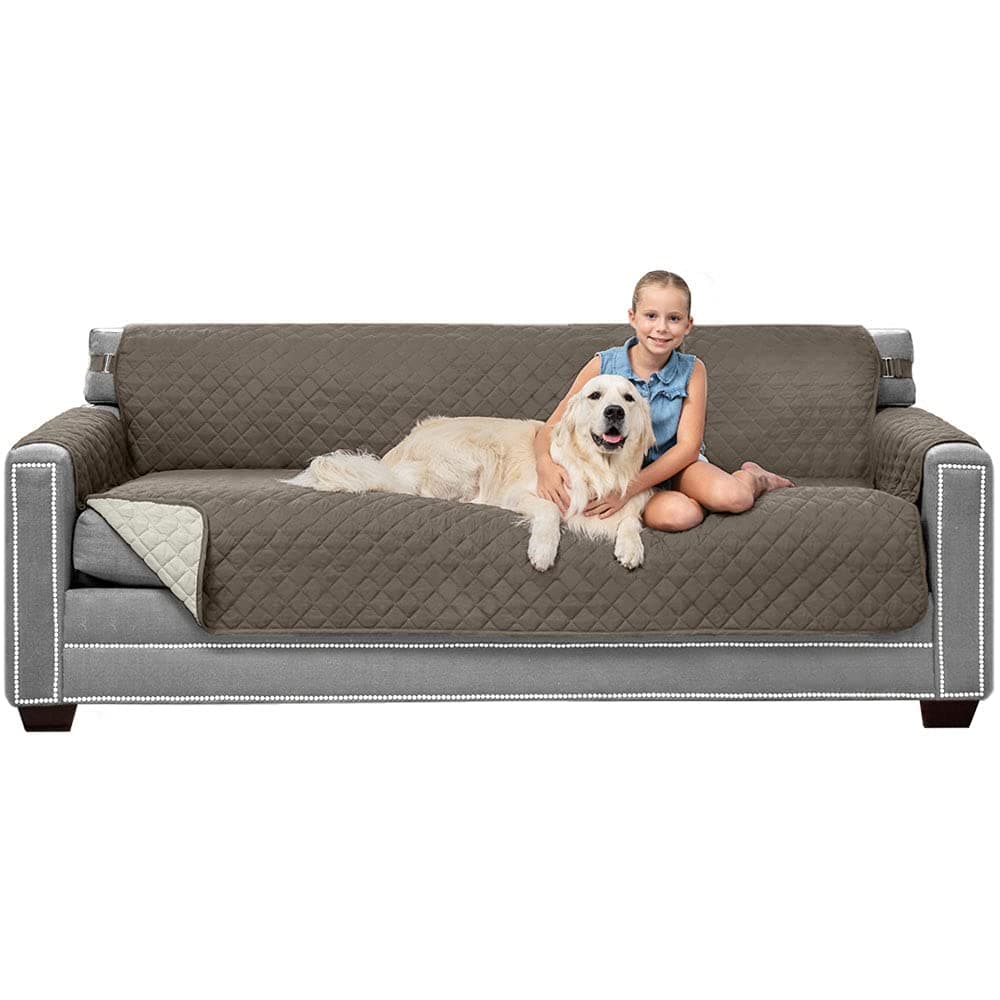 Sofa Shield Couch Slip Cover with Patented Strap, Cushion Protector, Reversible Stain and Dog Tear Resistant Slipcover, Quilted Microfiber 78in Seat, Washable Covers for Dogs Pets Kids, Latte Linen