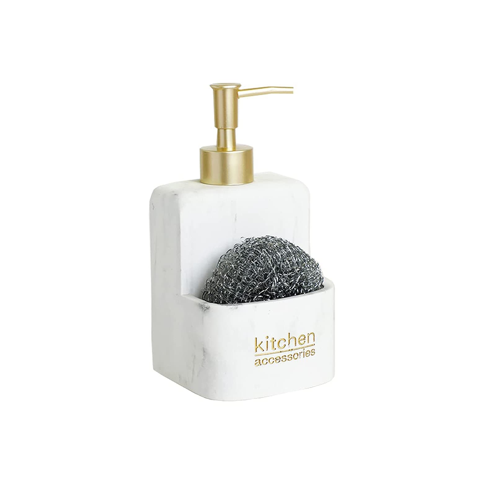 zhanwang Soap Dispenser with Sponge Holder, White Marble Pattern Kitchen Shelf Sponge Tray for Sink Storage and Organisation, Kitchen Decoration (White Marble with Word)