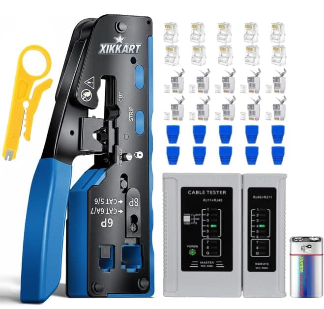 RJ45 Crimping Tool Kit, Passthrough Cat7 Cat6A Cat6 Cat5E Cat5 RJ45 Ethernet Crimp Tool with 10PCS Cat7 Pass Through Connectors 10PCS Cat6 Pass Through Connectors 10PCS Covers 1 Network Tester